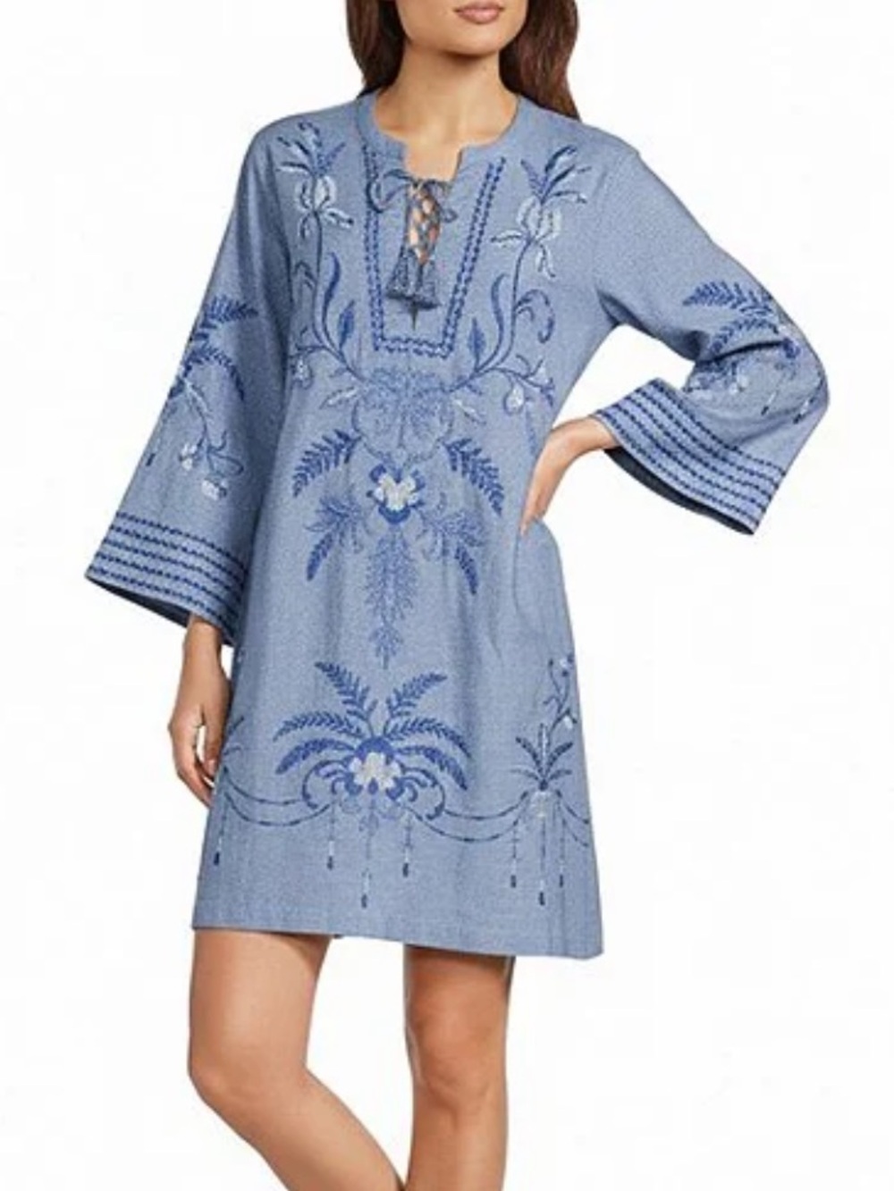 Johnny Was Paulinna Floral Embroidered Denim Shift Dress! Size M NWT
